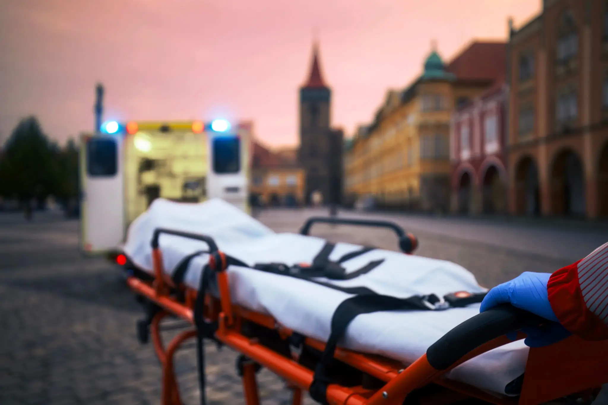 Empty stretcher ready for emergency transport at dusk.