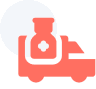 Red delivery truck with medical symbol icon.